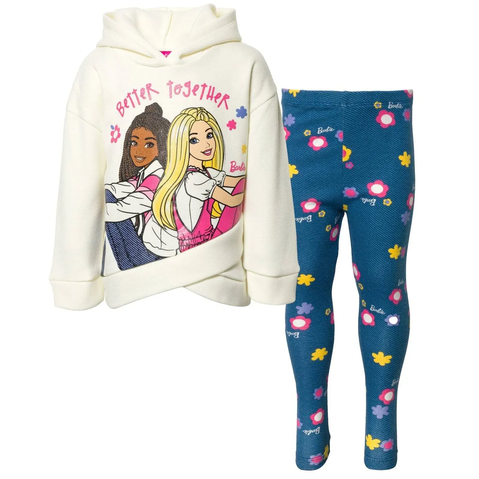 Barbie Little Girls Pullover Crossover Fleece Hoodie and Leggings Outfit Set Toddler to Big Kid