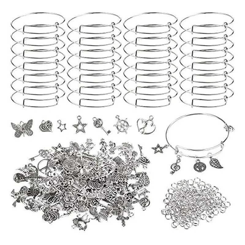 UPINS 30pcs Silver Expandable Blank Bracelets Adjustable Wire Bangles with 100pcs Tibetan Silver Charms, 200pcs Open Jump Rings for Jewelry Making