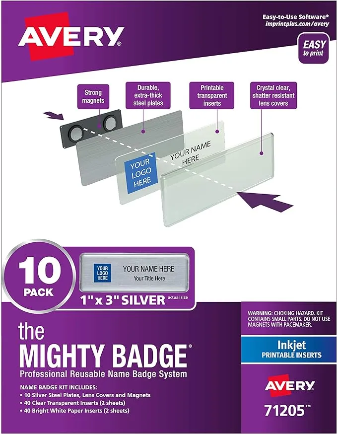 Avery - The Mighty Badge Name Badge Holder Kit, Horizontal, 3 x 1, Inkjet, Silver, 10 Holders/ 80 Inserts