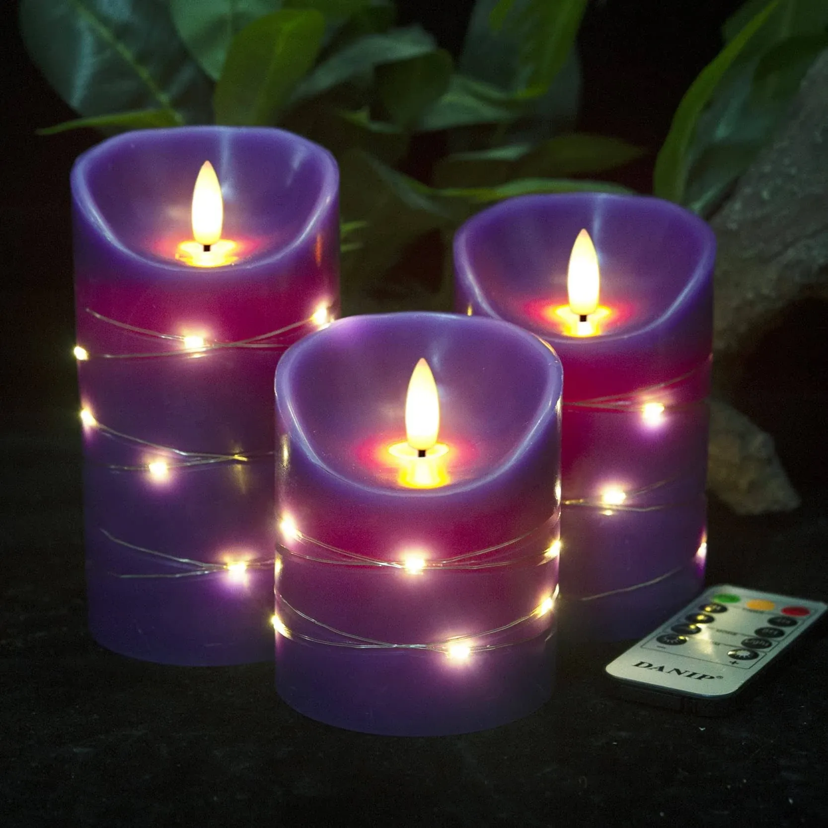 danip Purple Flameless Candle, Built-in Star String, 3 LED Candles, 11 Button ...