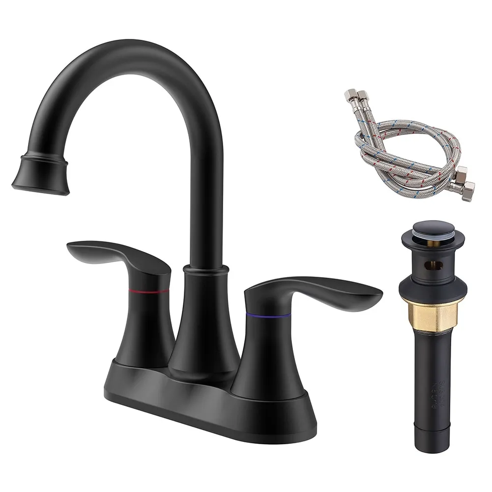 Bathroom Faucet Matt Black with Pop-up Drain and Supply Hoses