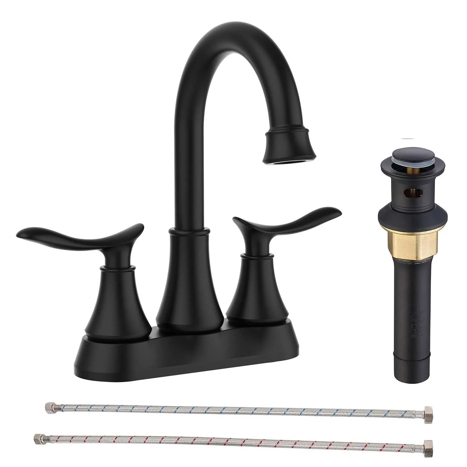 Bathroom Faucet Matt Black with Pop-up Drain and Supply Hoses