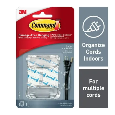 Command Clear Cord Clips, Large, 2 Clips, 3 Strips/Pack