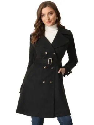 Farktop Womens Oversized Long Trench Coat Double Breasted Lapel Windproof Overcoat with Belt