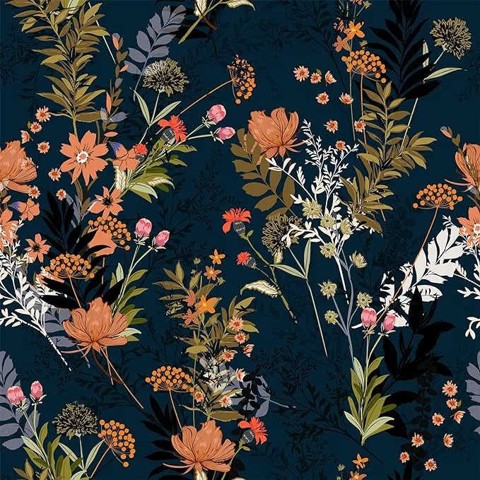 VEELIKE Midnight Blue Meadow Floral Peel and Stick Wallpaper Wildflowers Floral Wallpaper 17.7x118'' Dark Blue Contact Paper for Cabinets Shelves Drawers Removable Wallpaper for Bedroom Bathroom Walls