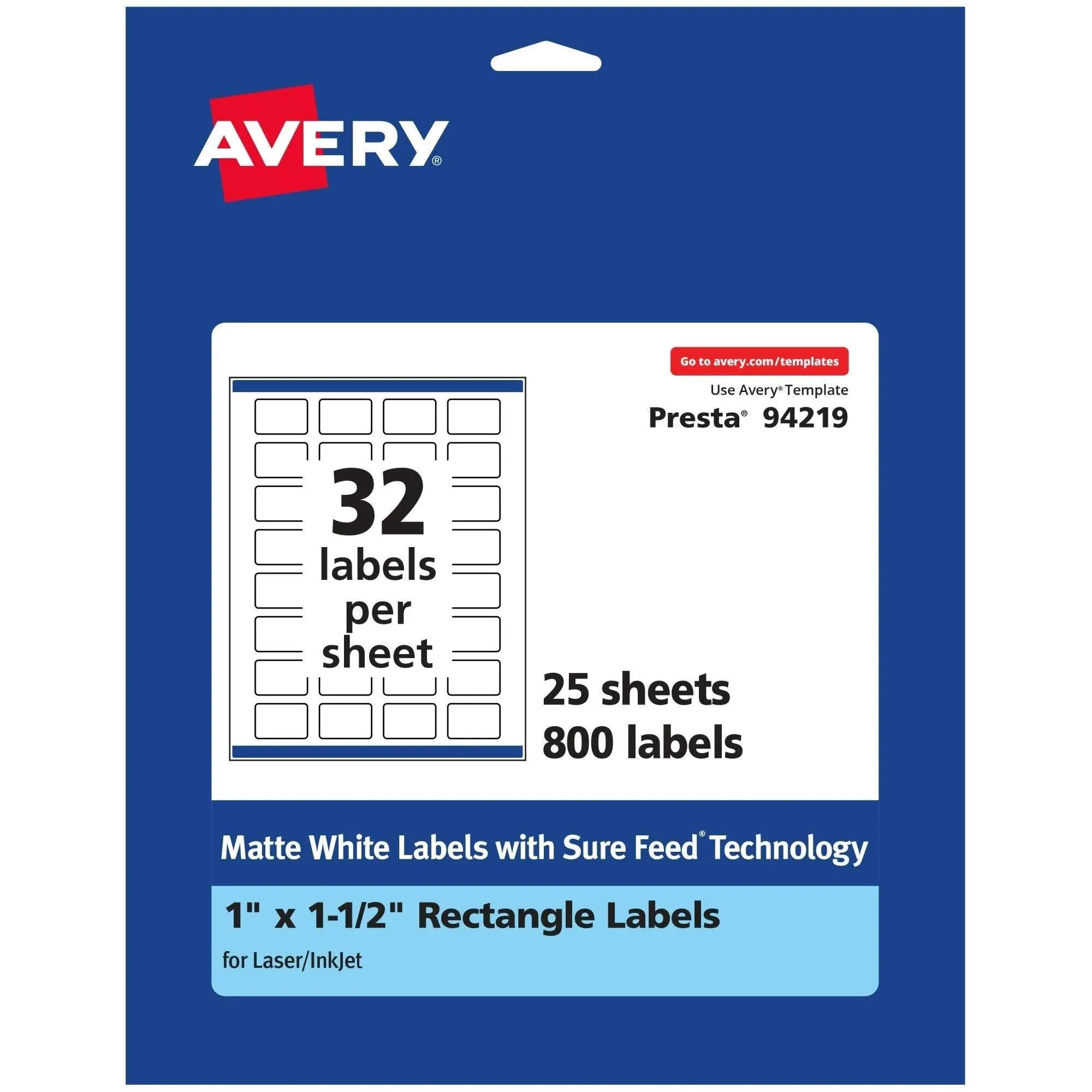 Avery® Permanent Labels With Sure Feed®, 94219-WMP25, Rectangle, 1" x 1-1/2", White, Pack Of 800