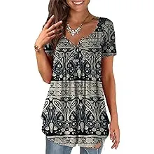 a.Jesdani Womens Summer Plus Size Tunic Tops Short Sleeve Blouses Casual Floral Henley Shirts