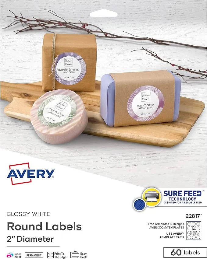 Avery Printable Round Labels with Sure Feed, 2" Diameter, Glossy White, 60 Customizable Labels (22817)