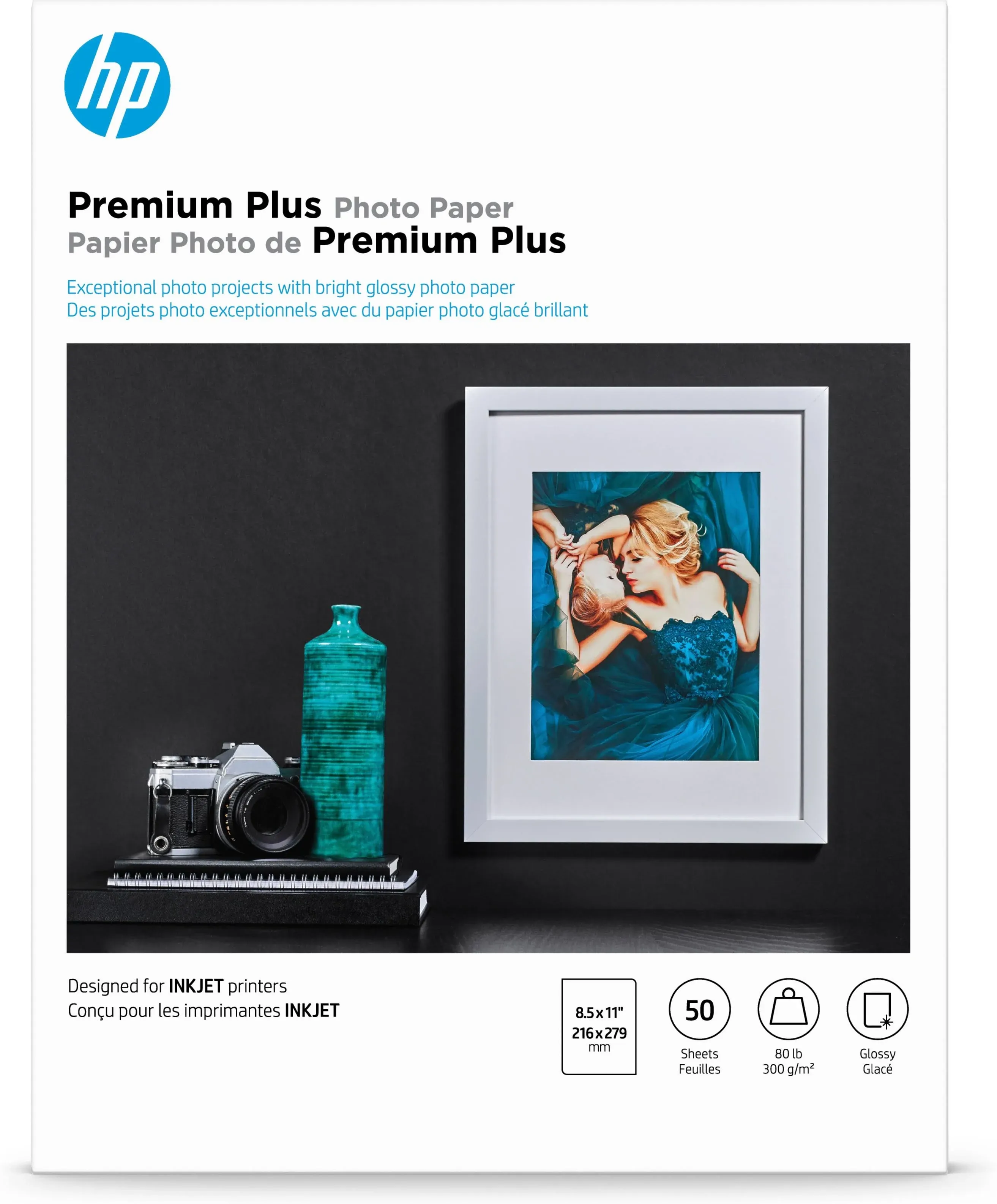 HP Premium Plus Photo Paper for Inkjet Printers, Glossy, Letter Size (8 1/2" x 11"), 80 Lb, Pack Of 50 Sheets (CR664A)