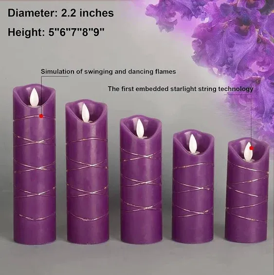 Purple LED Flameless Candle String 5 Piece Remote Control Battery Plastic Modern