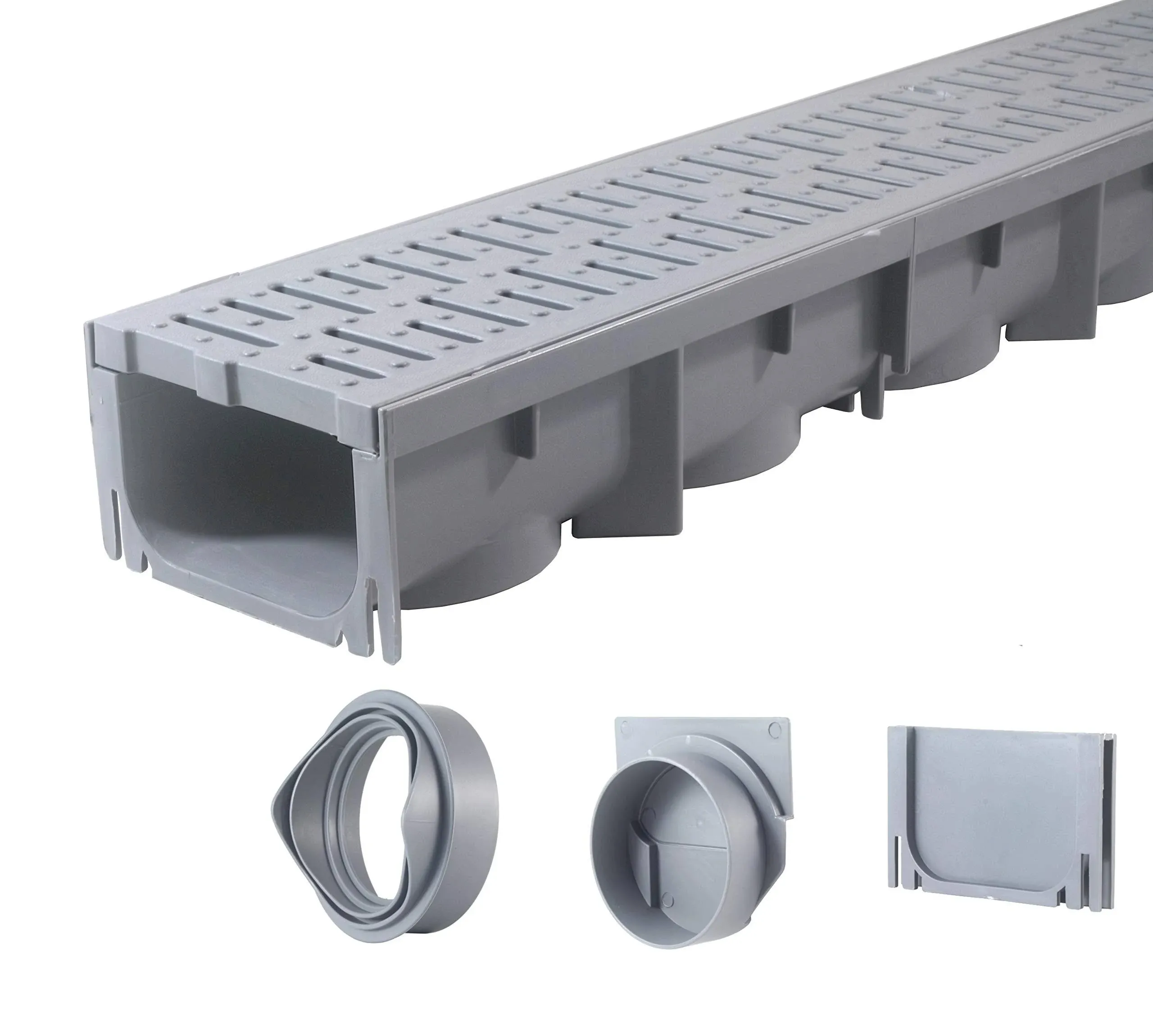 Drainage Trench - Channel Drain With Grate - Gray Plastic - 39" Long