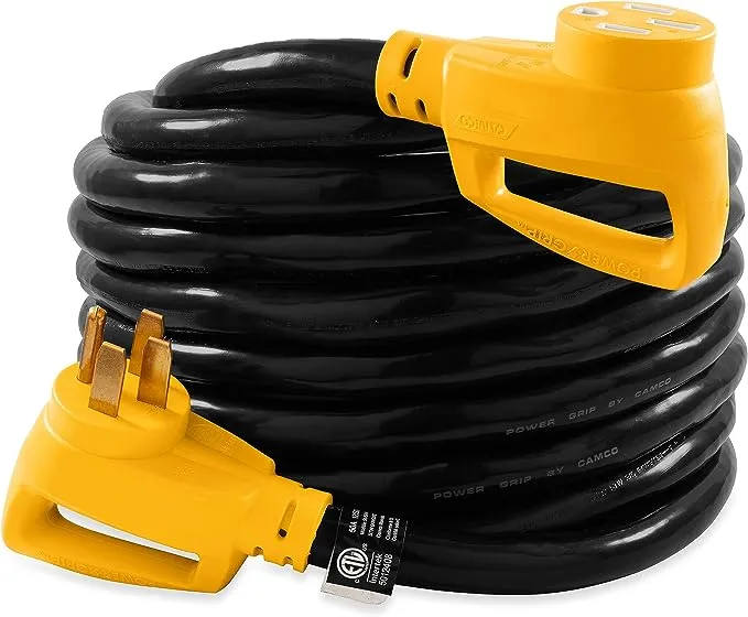 Camco PowerGrip 25-Foot Camper/RV Cord with 50M/50F-90 Degree Locking Adapter | Allows for Easy RV Connection to Distant Power Outlets (55574)