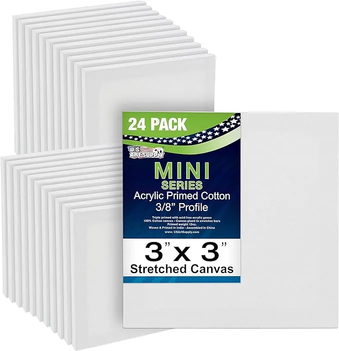 U.S. Art Supply 3" x 3" Mini Professional Primed Stretched Canvas (1-Pack of 24-Mini Canvases) - Ideal for Painting & Crafts