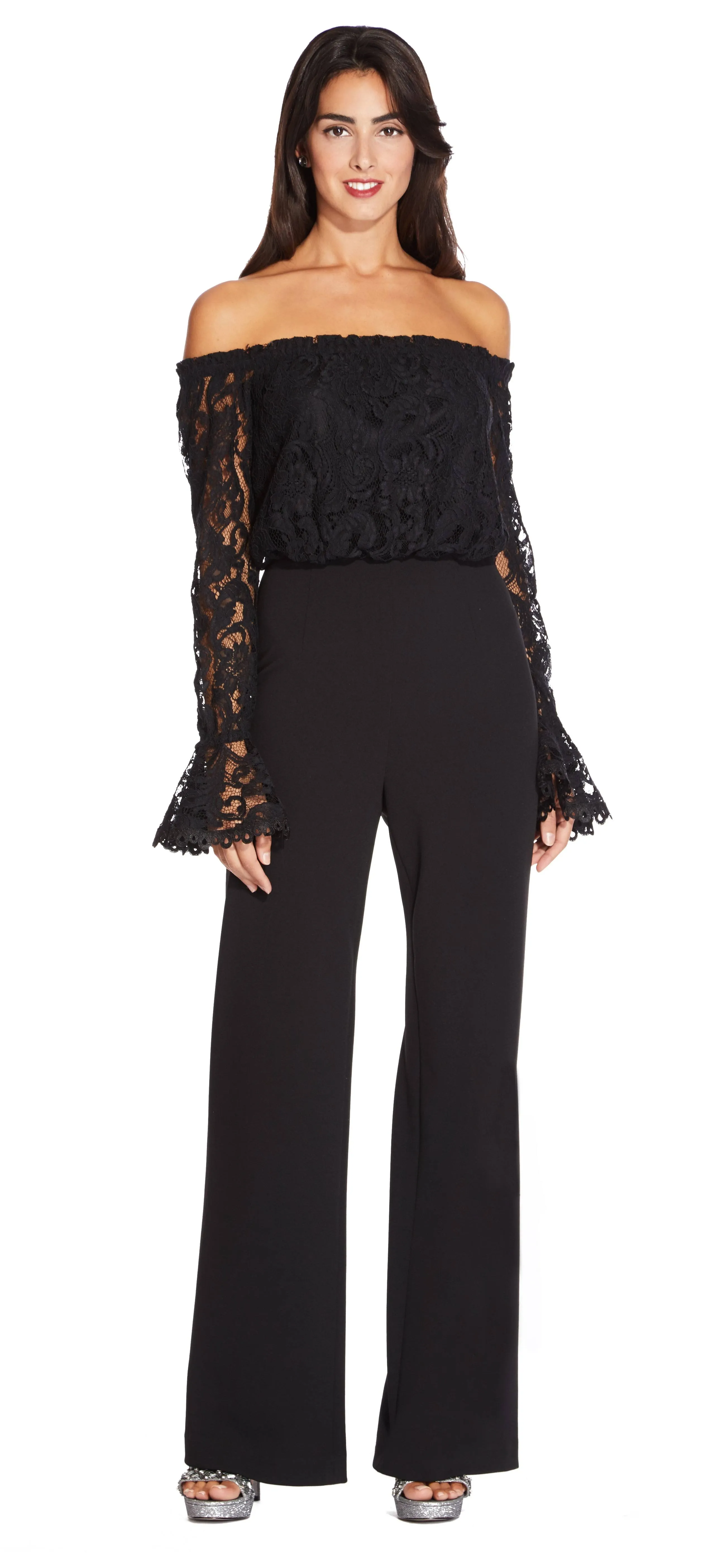 Adrianna Papell womens Off Shoulder Lace Top/Crepe Pant Jumpsuit