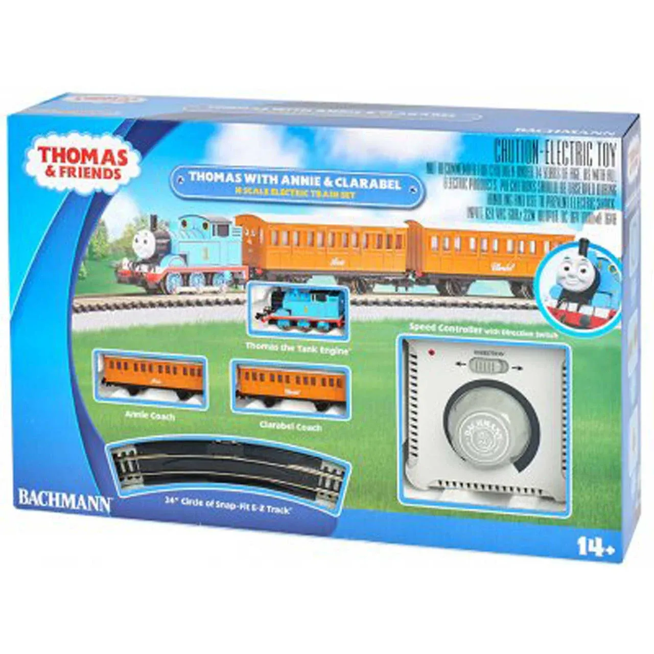 Bachmann 24028 Thomas with Annie and Clarabel Train Set - Standard DC - Thomas and Friends(TM -- Thomas the Tank Engine, 2 Cars, E-Z Track Circle, Controller and Instructions, N Scale