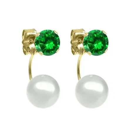 Gem Stone King 14k Yellow Gold Earrings Round 5 mm Green Simulated Emerald with 6mm Cultured Freshwater Pearl Jackets (1.68 cttw)