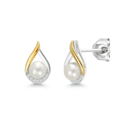 Gem Stone King Solid 10K Yellow Gold and 925 Sterling Silver 2 Tone 4.5MM Cultured Freshwater Pearl and White Lab Grown Diamond Tear Drop Earrings For Women