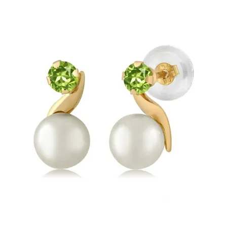 Gem Stone King 14K Yellow Gold Cultured Freshwater Pearl and Round 3MM Green Peridot Earrings For Women