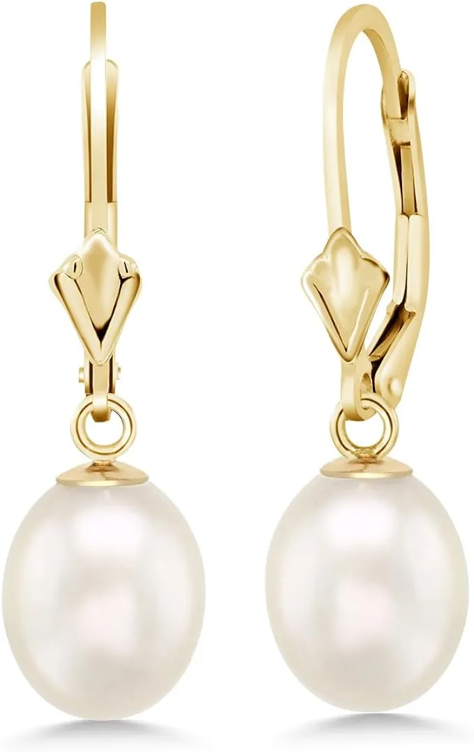 Gem Stone King 14K Yellow Gold 9MM Cultured Freshwater Pearl Dangle Earrings For Women