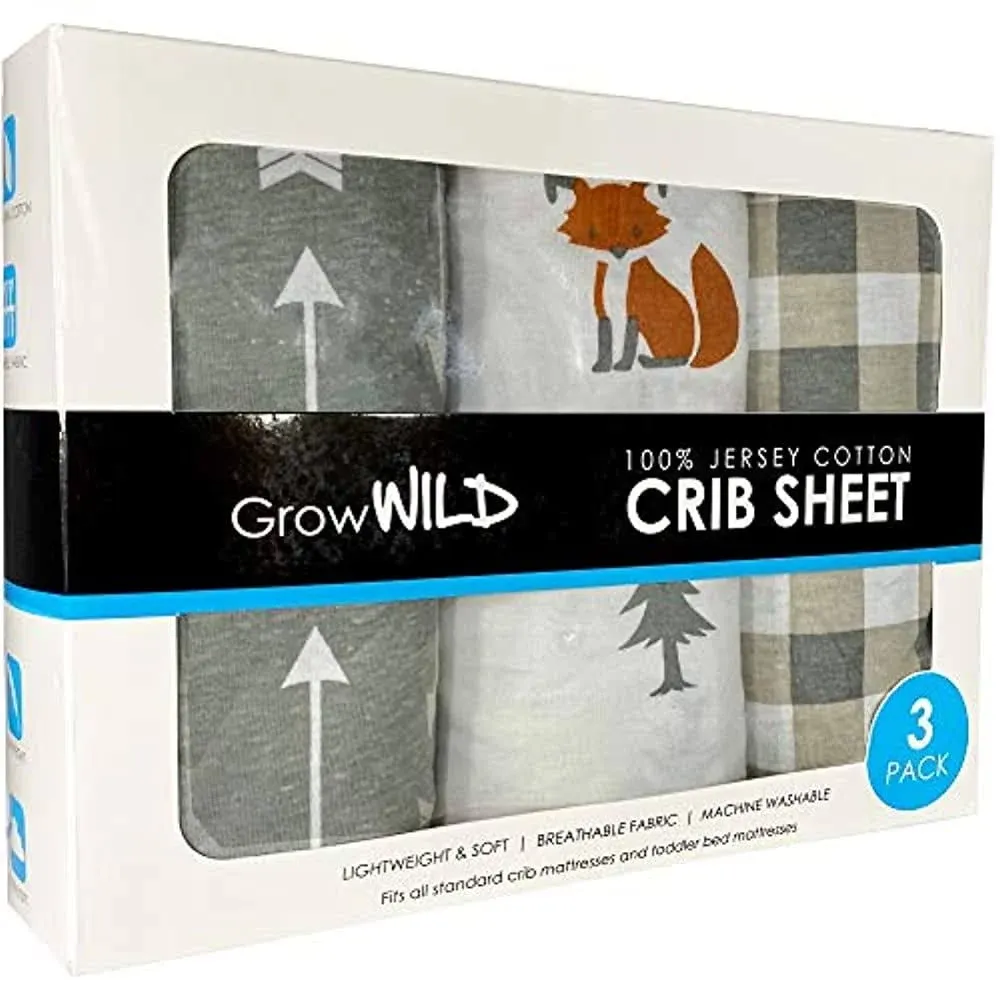 GROW WILD Wooland Fitted Sheets (3 Pack) - Soft Cotton Jersey Knit Baby Crib Sheets | Crib Mattress Sheets and Boys Toddler Bed Sheets (Crib)