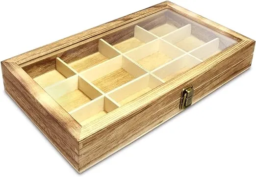 Ikee Design 12 Slots Multifunctional Glass Top Wooden Craft Supplies Organizer Jewelry Storage Case with Metal Clasp