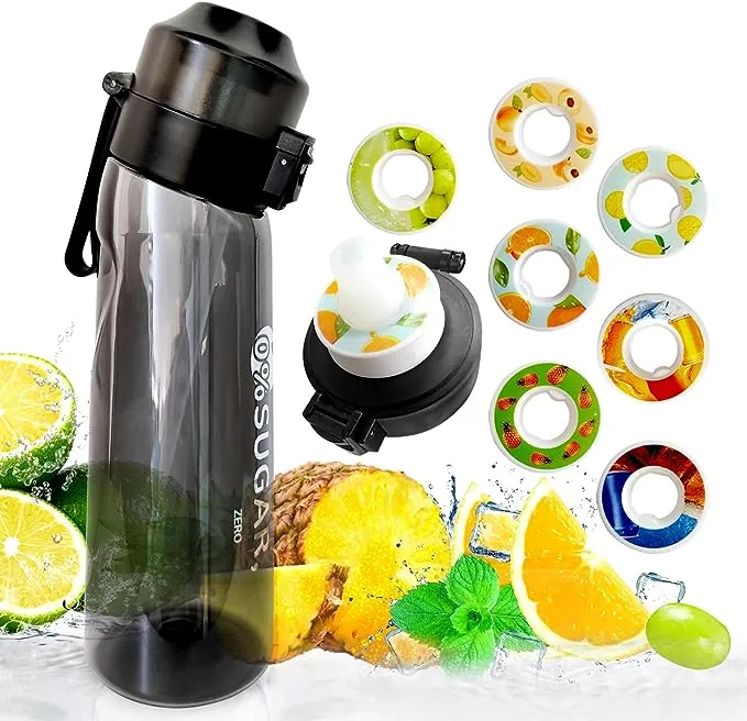 Air Water Bottle, 650ML Fruit Fragrance Water Bottle with Air Flavour Pods, 0% Sugar Water Cup With Straw, Sports Water Bottle Suitable for Outdoor Sports (Black+7Pod)