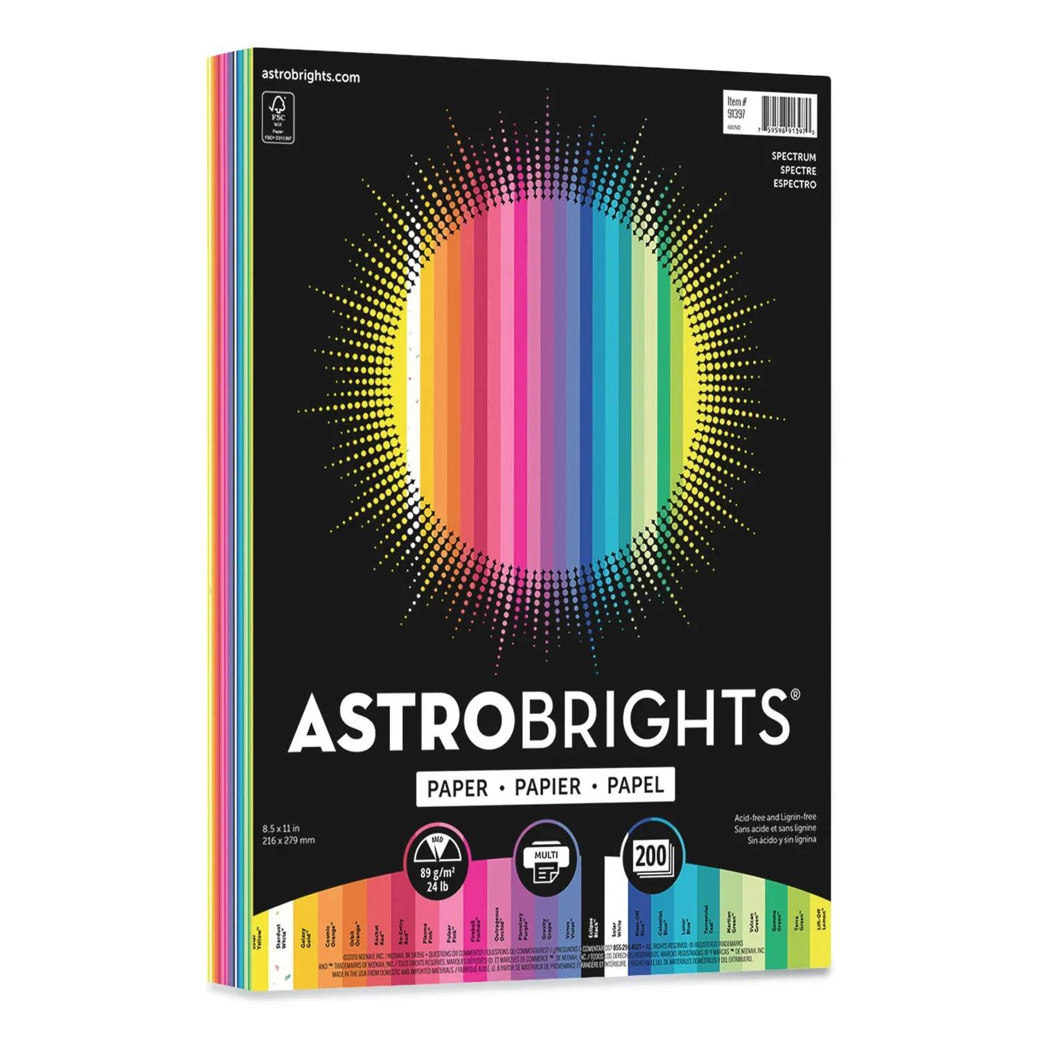 Astrobrights Colored Paper, 24 lbs., 8.5" x 11", Spectrum Assortment, 200 Sheets/Pack (91397)