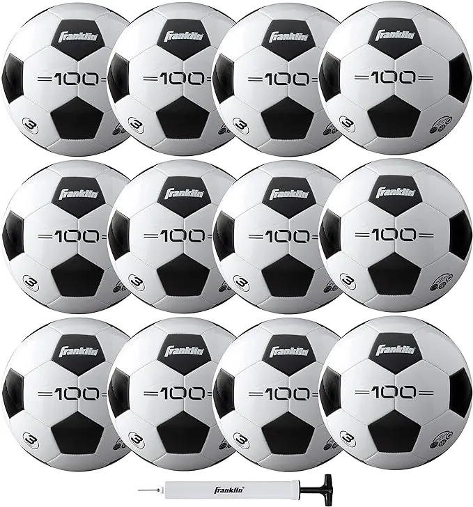 Franklin Sports Soccer Balls - Competition 100 Youth + Adult Soccer Balls - Size 3, Size 4 + Size 5 Traditional Soccer Balls - Single + 12 Ball Bulk Packs - Black + White