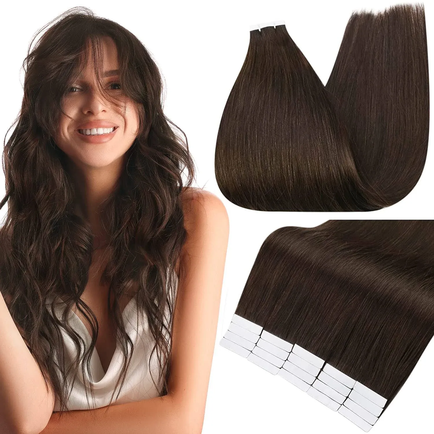 Full Shine Darkest Brown Tape in Hair Extensions 12 inch Short Hair Color 2 Real ...