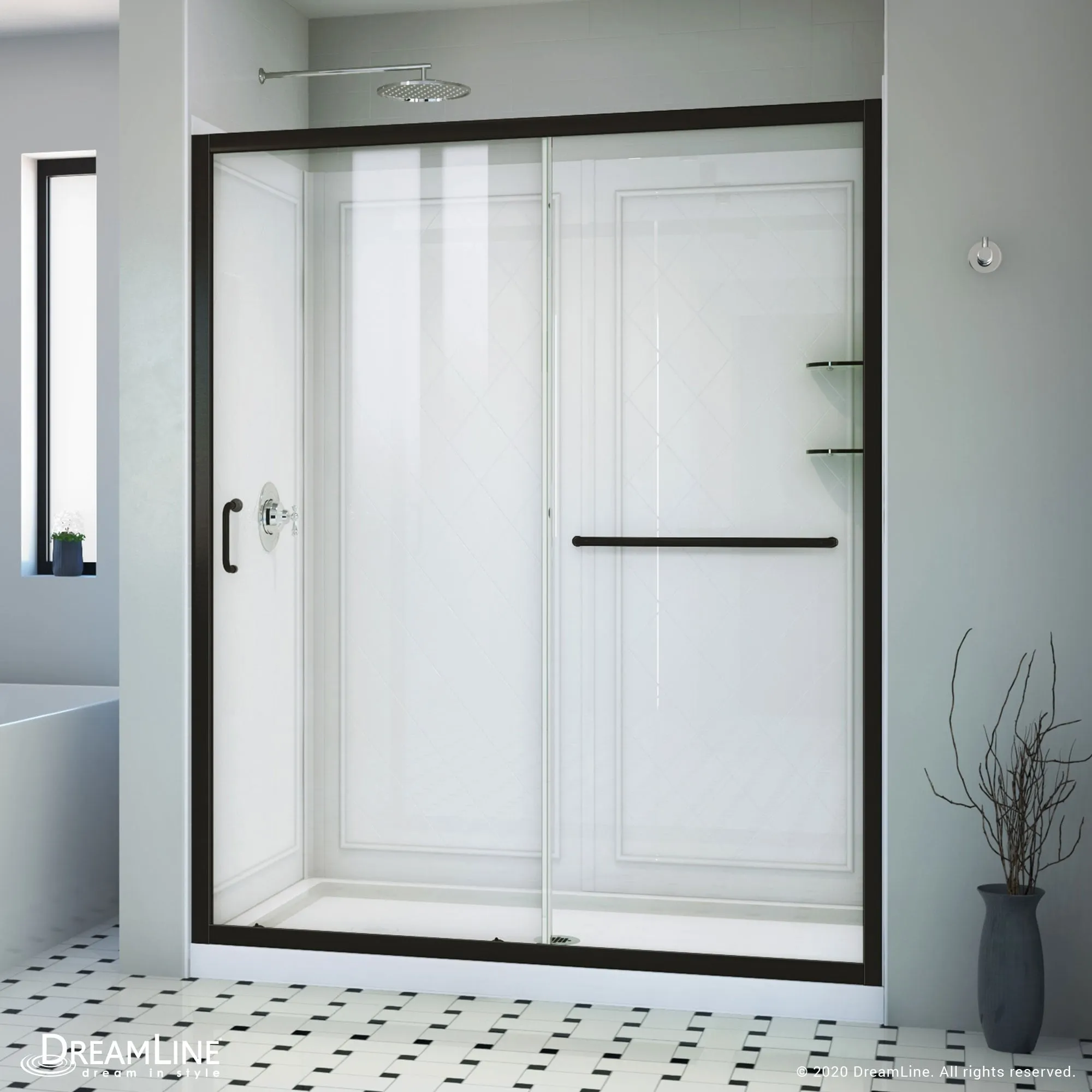 DreamLine Infinity-Z 36 in. D x 60 in. W x 76 3/4 in. H Clear Sliding Shower Door in Matte Black, Left Drain and Wall Kit