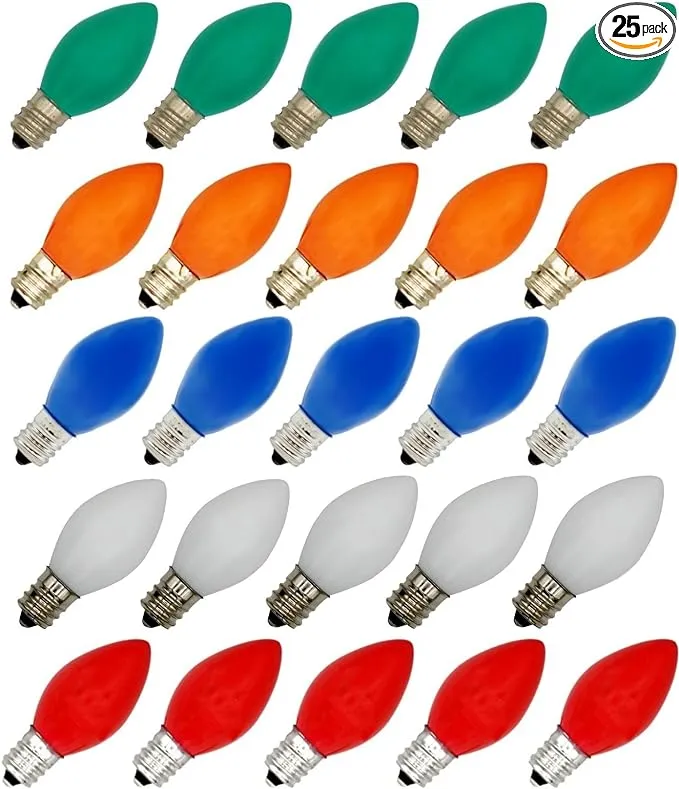 25 Pack C7 Multi-Color Christmas Replacement Bulbs C7 Clear Outdoor String Light Replacement Bulbs, C7/E12 Candelabra Base, 5 Watt