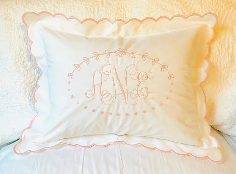 Personalized, Monogram, Embroidered, Ribbon Crest, Pink or White Scallop 12 x 16, Sham, Baby, Nursery, Boudior, Sham, Keepsake Gift