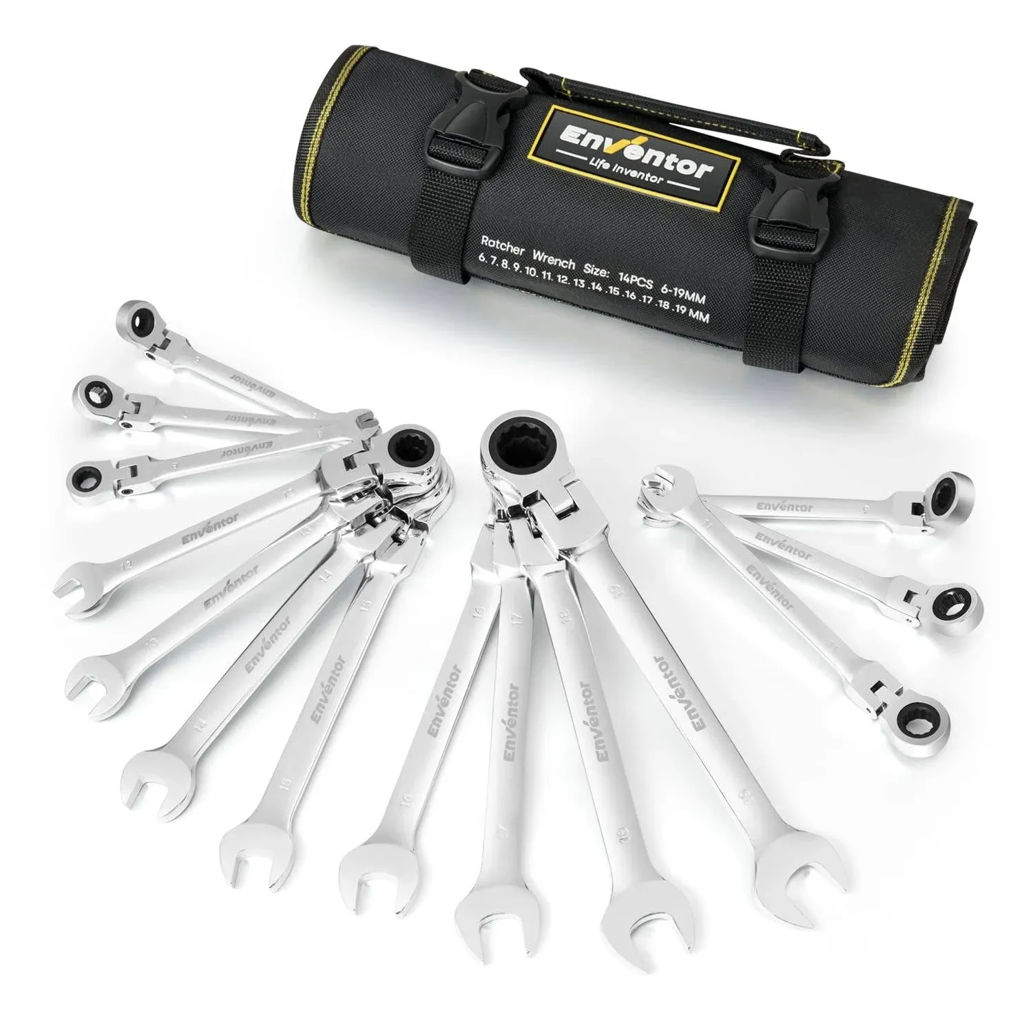 Enventor 14 Pieces Ratcheting Wrench Set, Metric 6-19mm, 180° Flex Head, CRV Steel, 72-Teeth, 12-Point Combination Ratchet Wrenches Set with Rolling Pouch