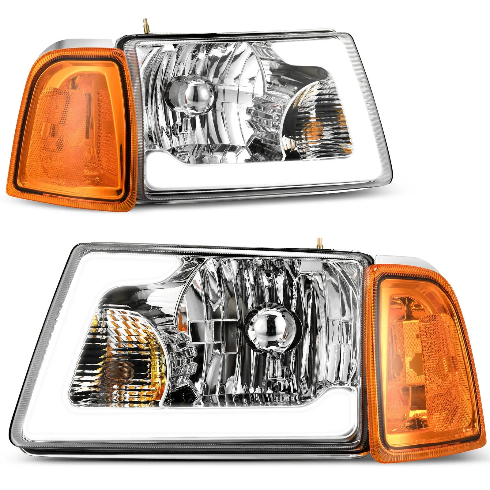 Ledkingdomus LED DRL Headlights Assembly Compatible with 2001-2011 Ford Ranger Headlamp Replacement Pair with Daytime Running Light Chrome Housing Amber Reflector