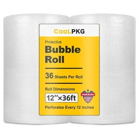 2-Pack Bubble Cushioning Wrap Rolls 3/16" x 12" x 72' ft Total Perforated Every 12" 20 Fragile Stickers for Packaging Shipping Mailing