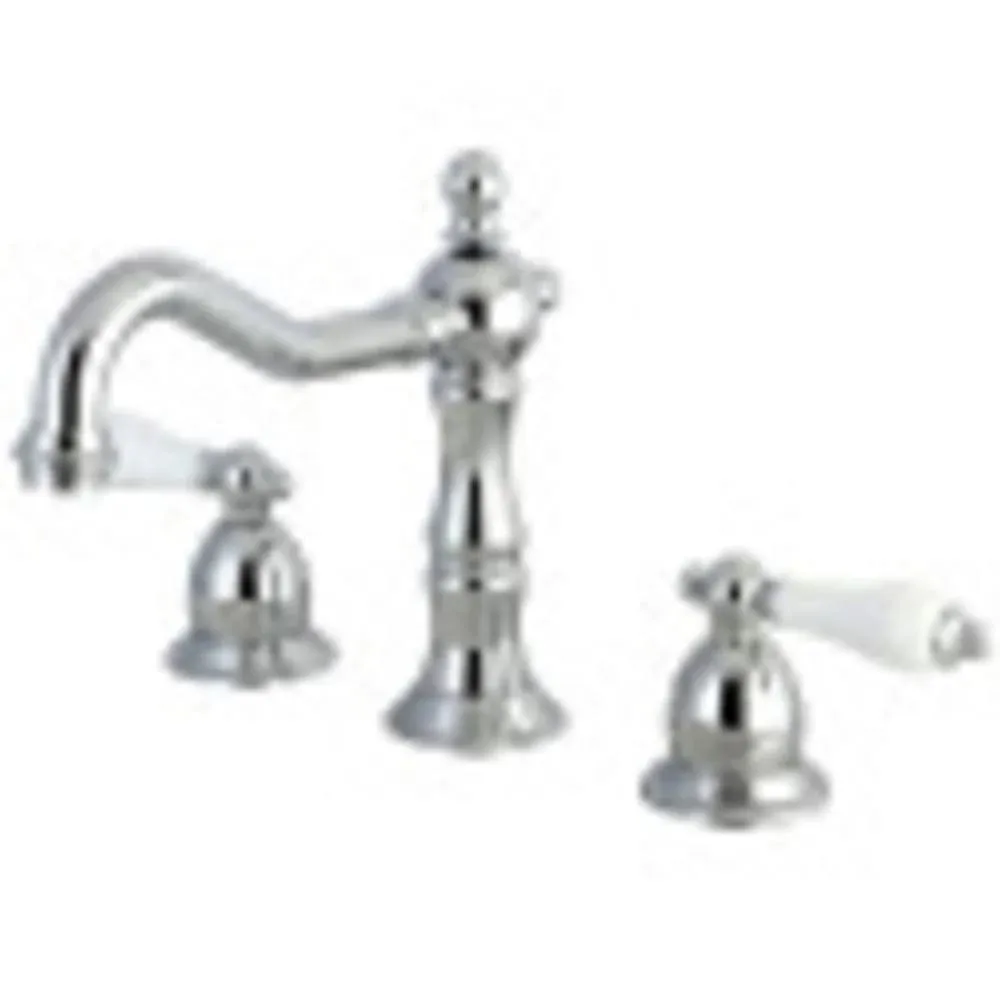 Kingston Brass KS1971PL Heritage Widespread Lavatory Faucet with Porcelain Lever Handle, Polished Chrome, 8-Inch Adjustable Center