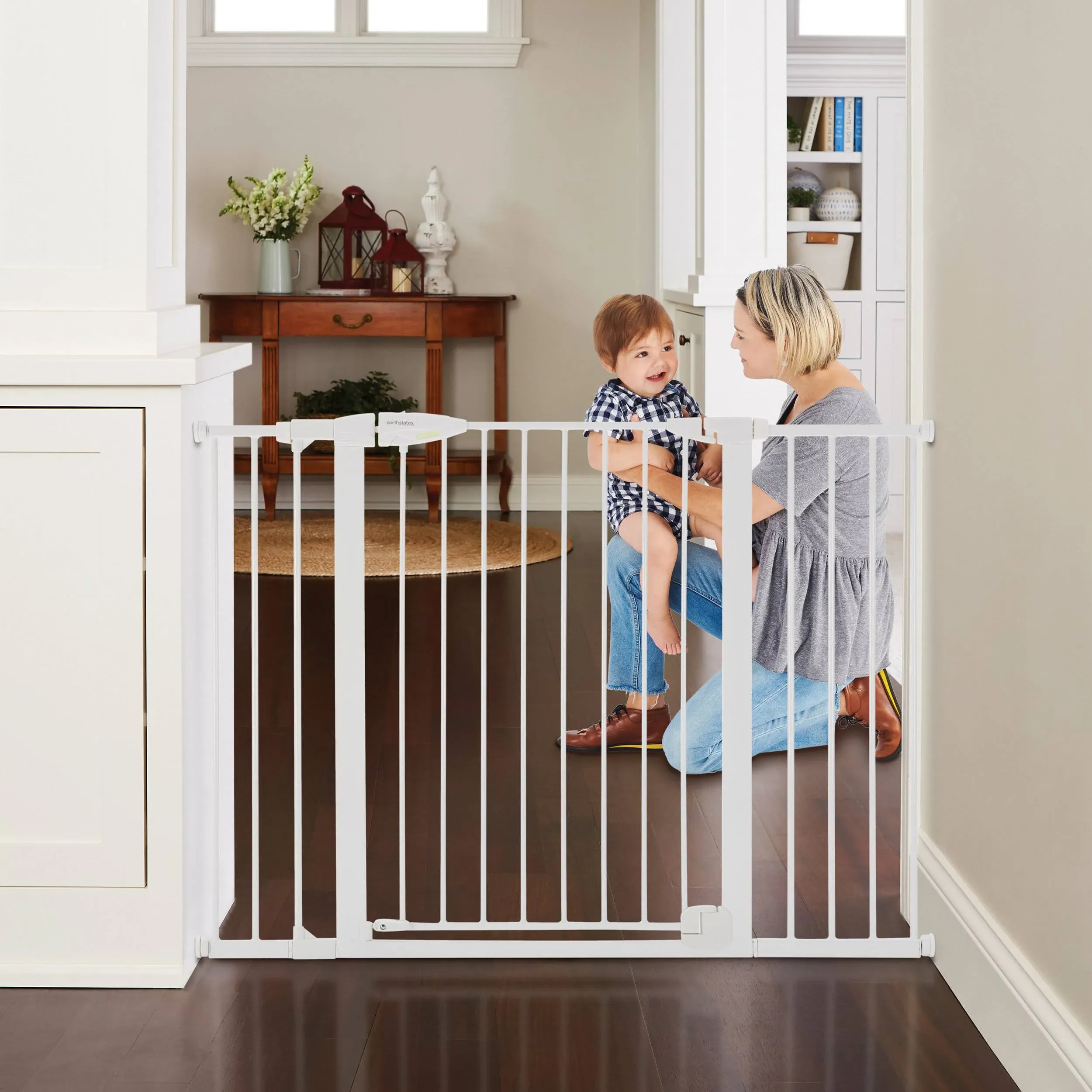 Extra Wide Bright Choice Auto-Close Baby Gate with Door. Pressure Mounted Bab...