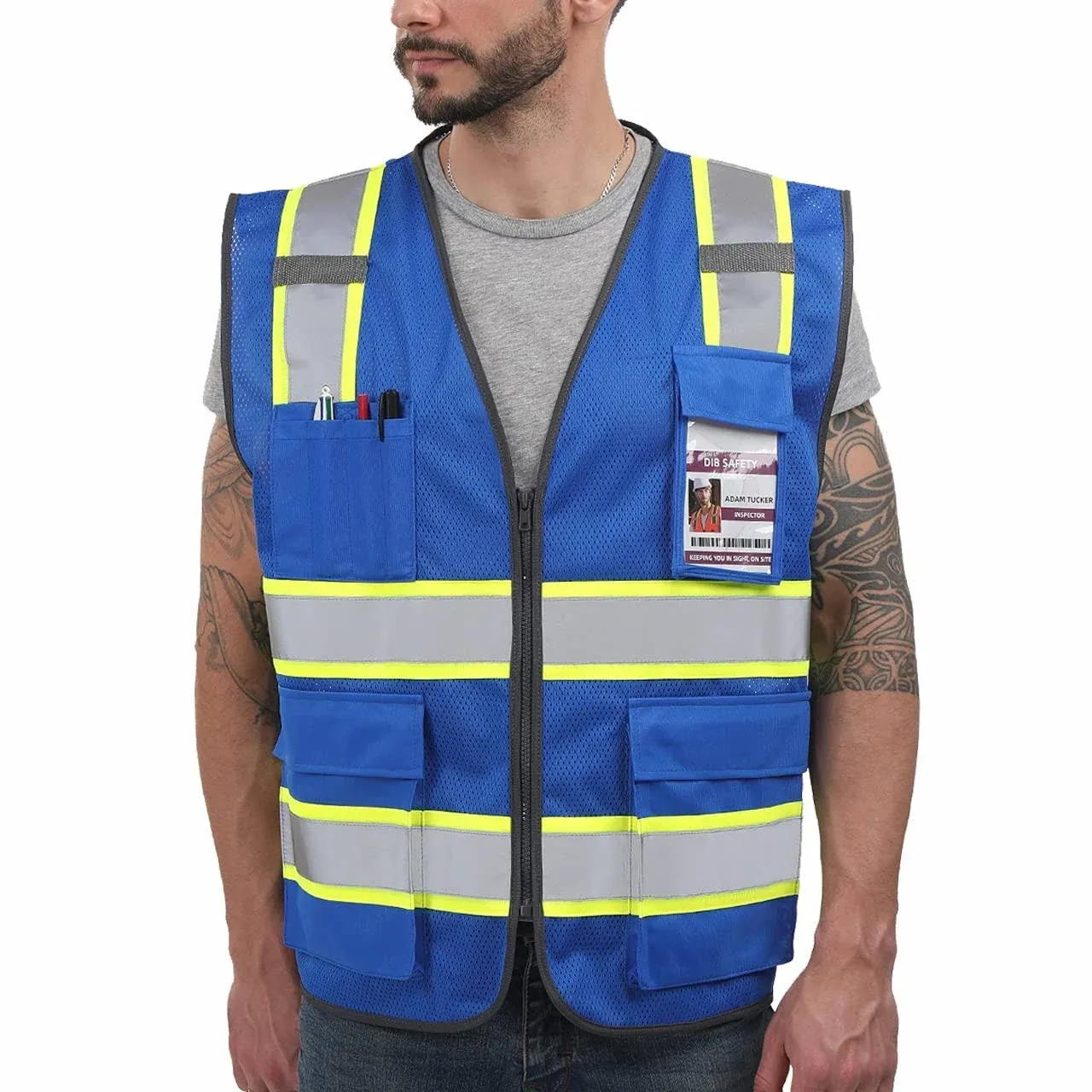 Dib Safety Reflective Mesh Vest High Visibility Two Tone with Pockets and Zipper, Blue Mesh with Yellow Trim L