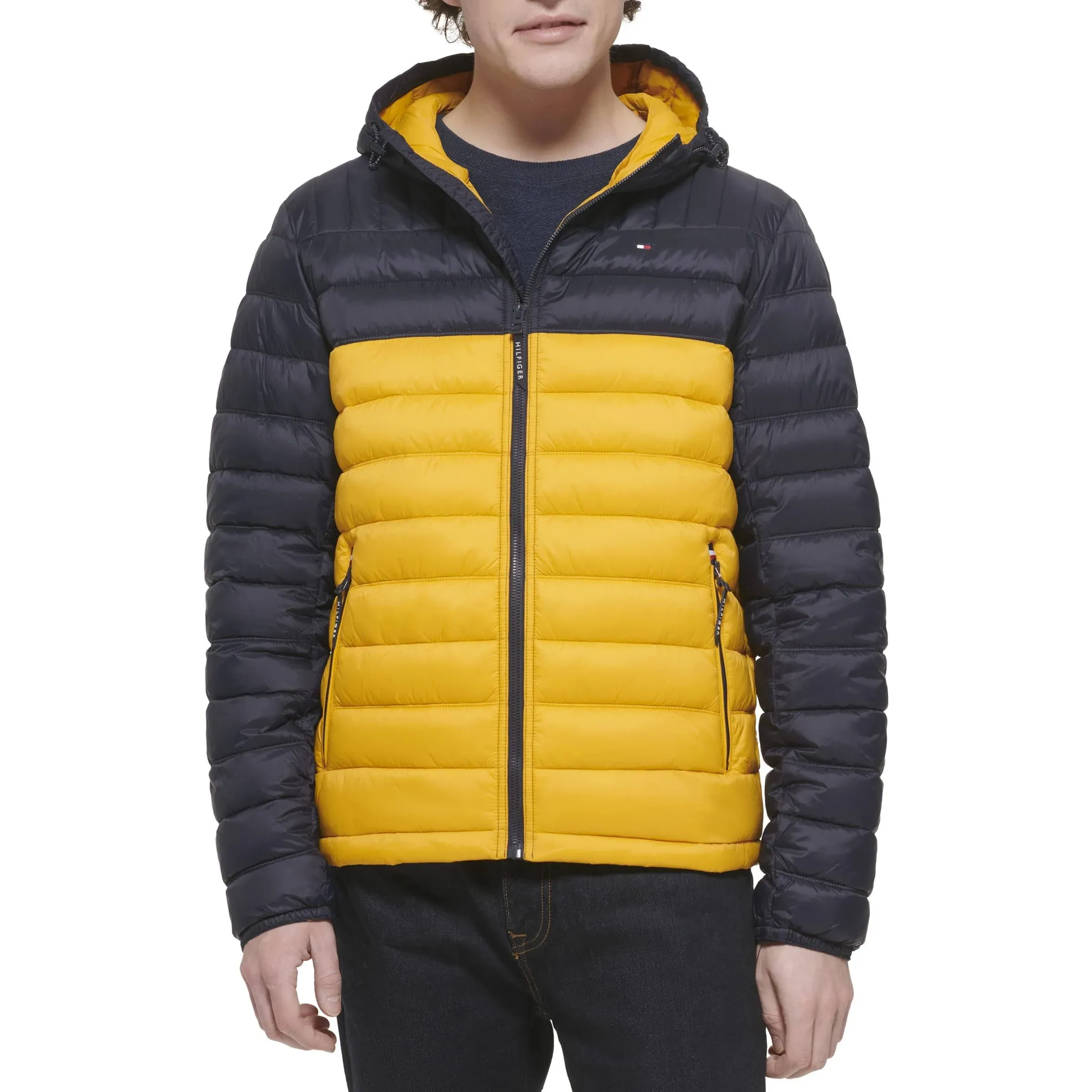 Tommy Hilfiger Men's Quilted Lightweight Colorblock Hooded Puffer Jacket, Medium ...