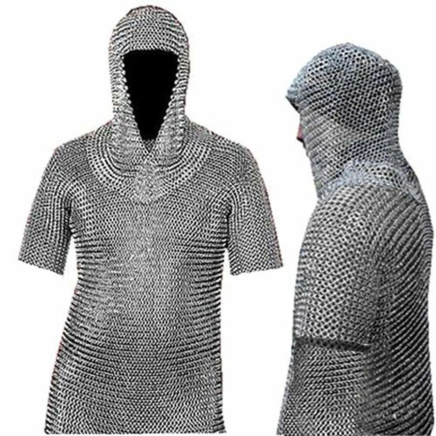 Medieval Chain Mail Shirt and Coif Armor Set (Full Size) Long Shirt (Large)