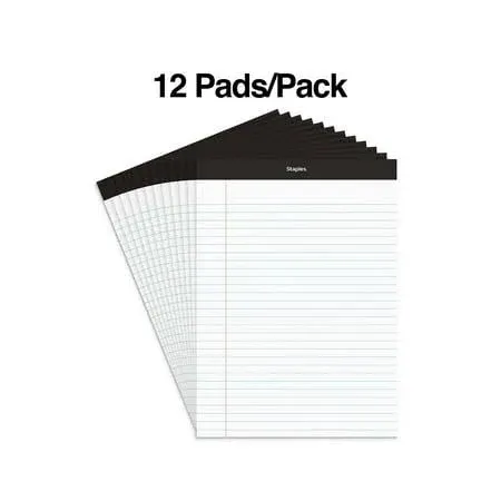 Staples Notepads 8.5&#034; x 11.75&#034; Wide Ruled White 50 Sheets/Pad 24/Carton