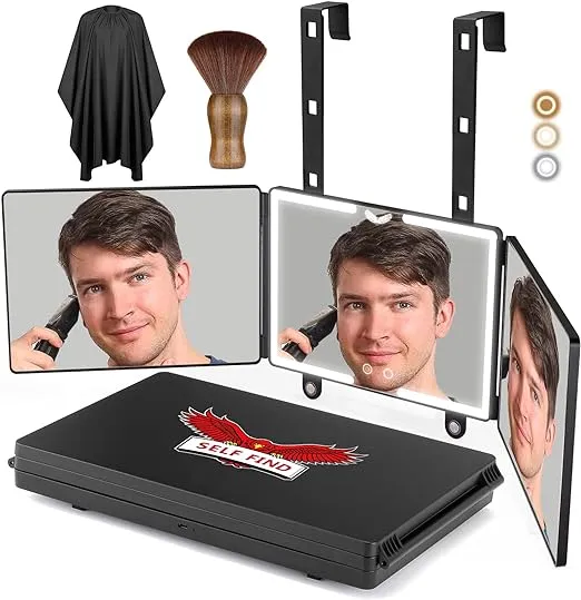 SELF FIND 2.0 Large Size 3 Way Mirror for Self Hair Cutting with 3 Color Ring Light, Premium Self Haircut Mirror, Rechargeable 360° Barber Mirror with Height and Light Adjustable