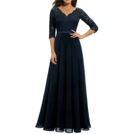 xkwyshop Women's Lace V Neck Mid-Sleeve Backless Back Zipper Split Cocktail Party Maxi Long Dress Dark Blue S