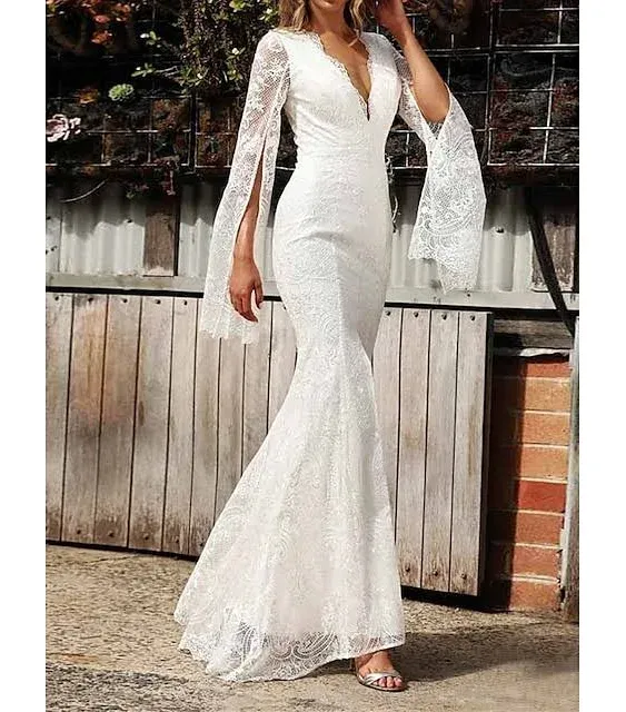 "Women's Prom Dress Party Dress Lace Dress Long Dress Maxi Dress White Wine Long Sleeve Pure Color Lace Fall Winter Autumn V Neck Fashion Winter Dress "