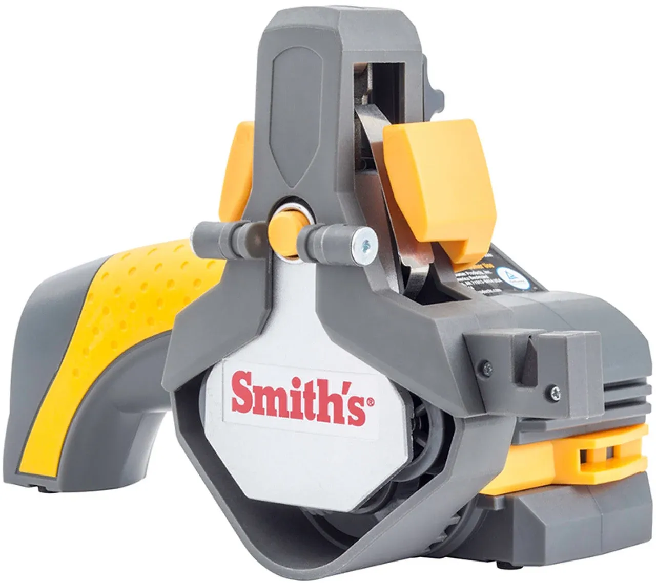 Smith's 50969 Cordless Electric Knife and Tool Sharpener – Yellow – Rechargeable – Portable – Soft Grip Handle – Replaceable Belts – Rotating Head – Canvas Bag Included