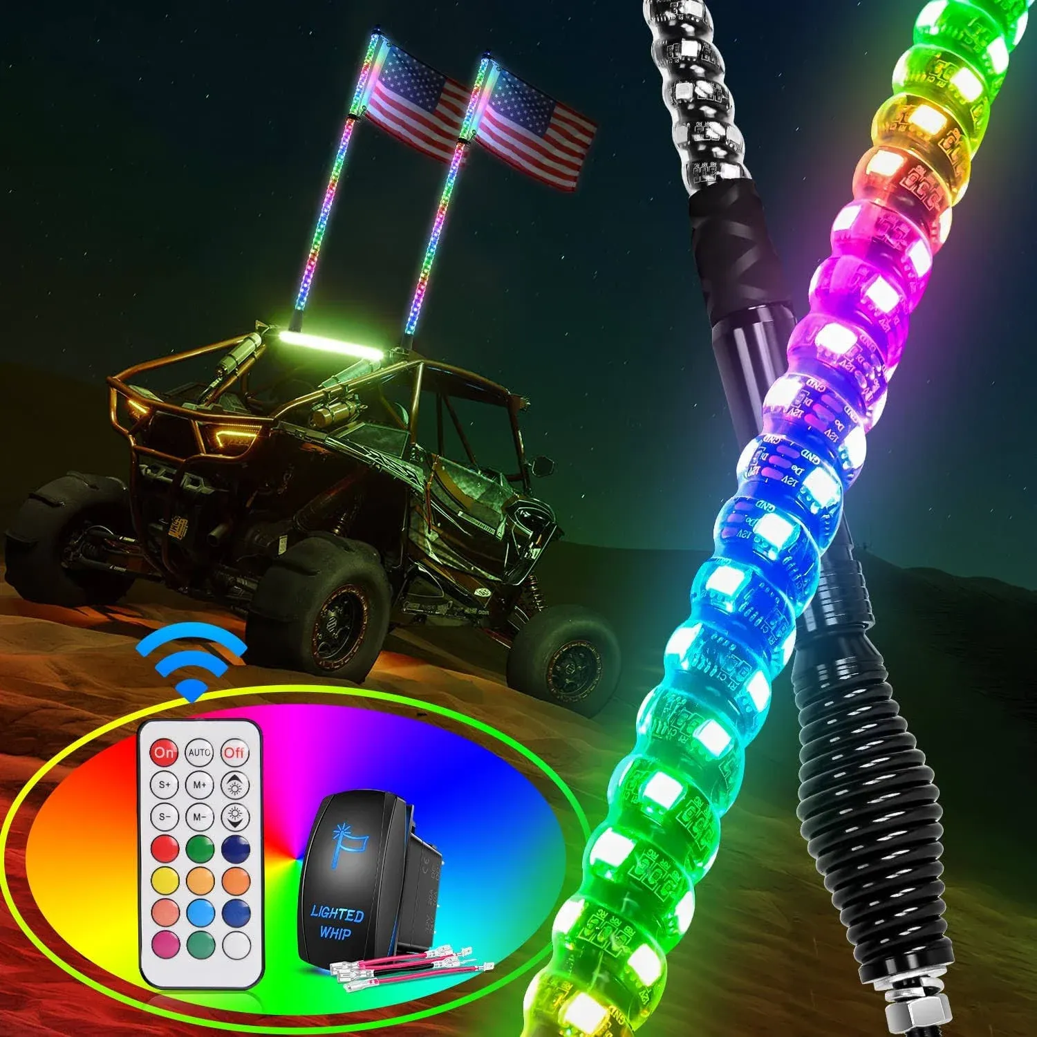 Nilight - TL-27 2pcs 4ft Spiral RGB LED Whip Light with Spring Base Chasing Light RF Remote Control Lighted Antenna Whips for Ca, Aluminum