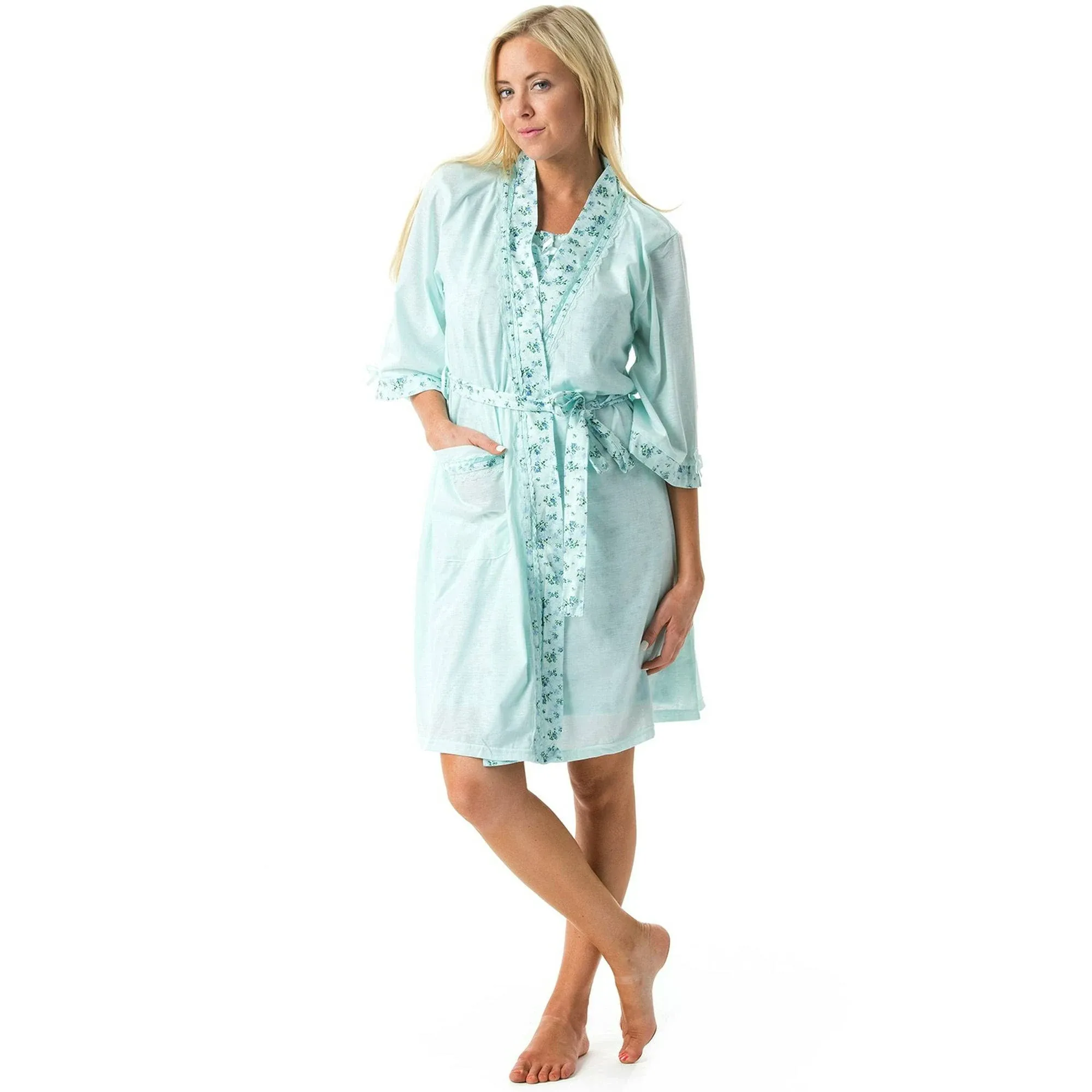 Casual Nights Women's Sleepwear 2 Piece Nightgown and Robe Set - Green - LargeCasual Nights Women's Sleepwear 2 Piece Nightgown and Robe Set - Green - Large