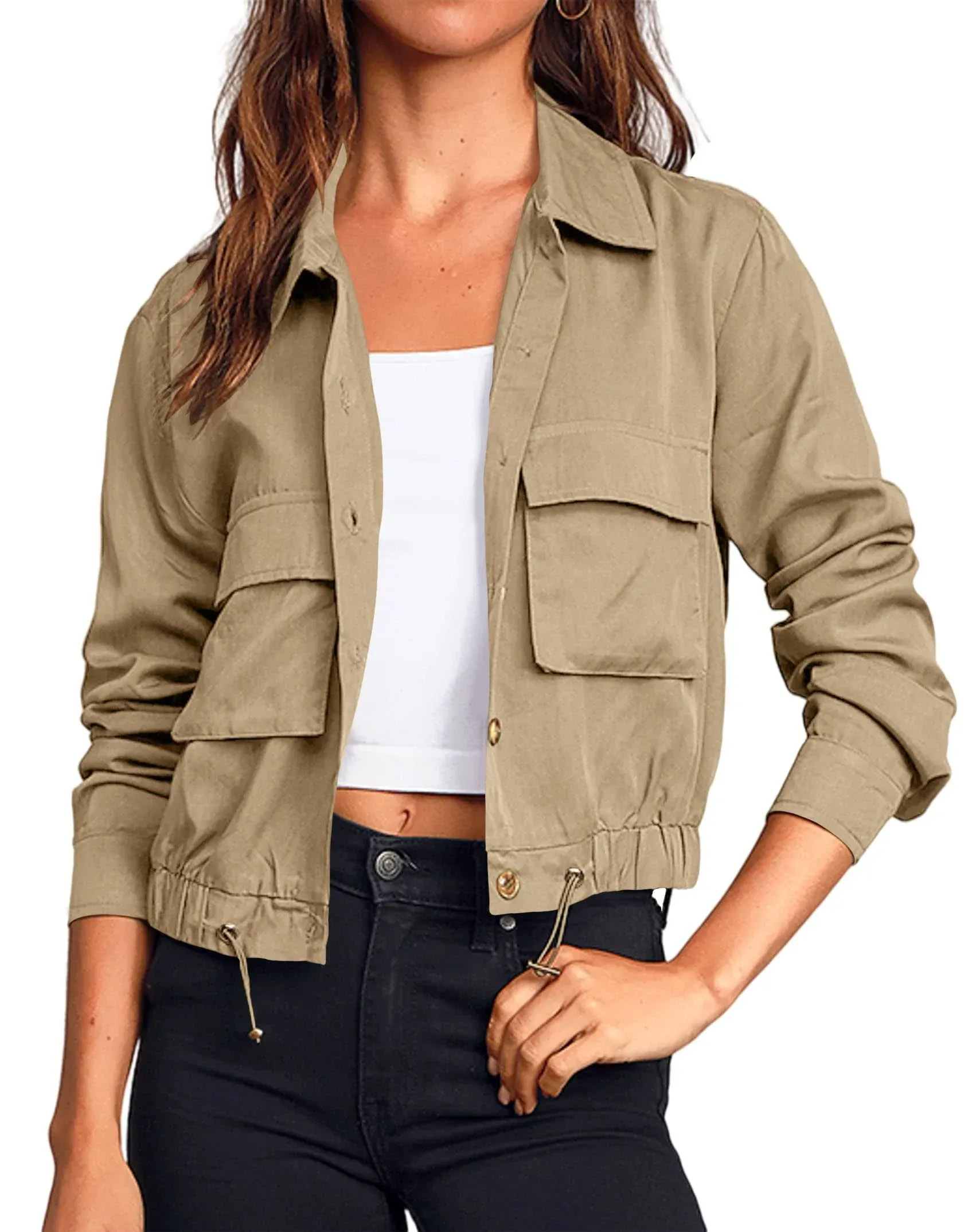 Onedreamer Women&#039;s Military Safari Cropped Jackets Button Down Lightweight Overs