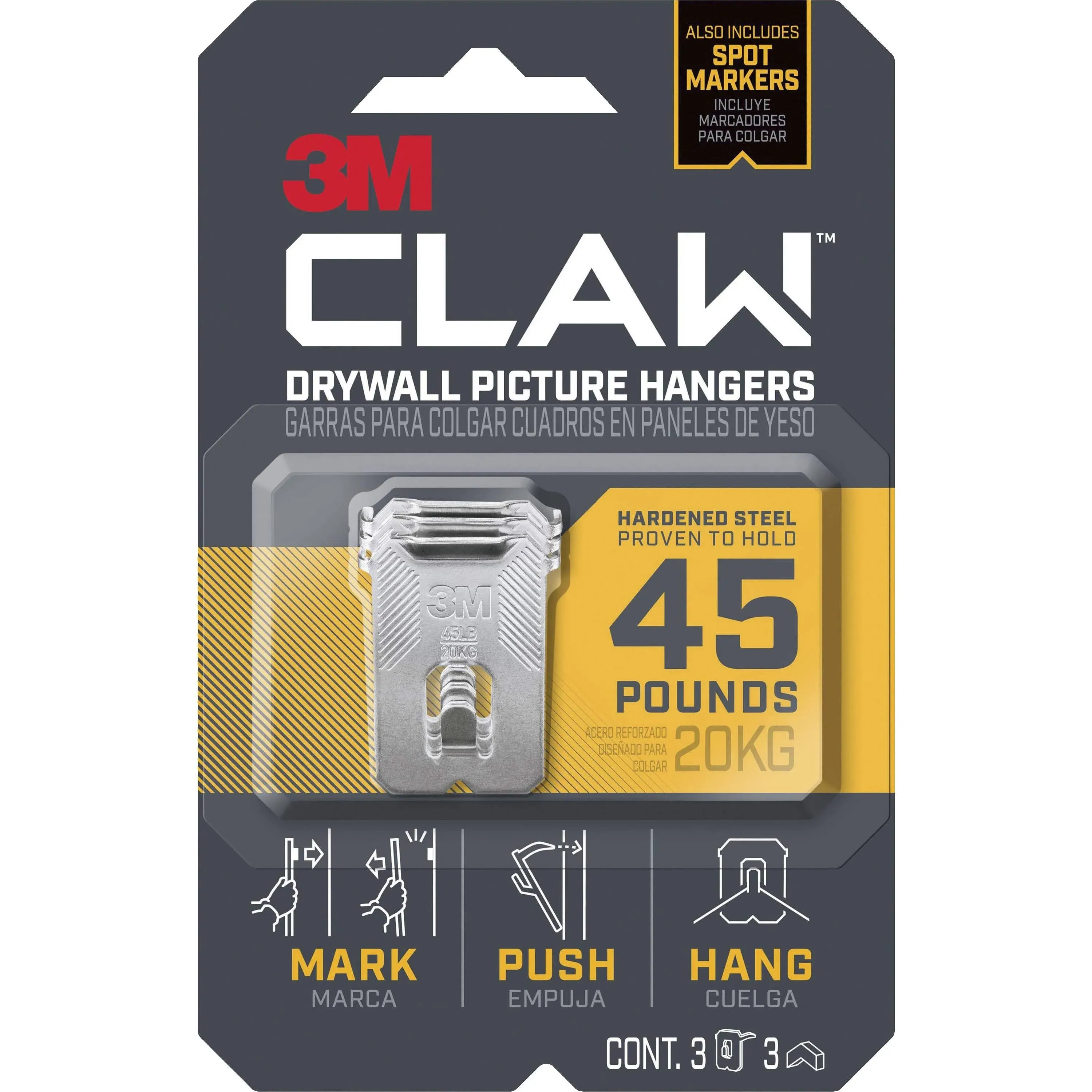 3M Claw Drywall Picture Hanger with Temporary Spot Marker, holds 45lbs,3 Hangers