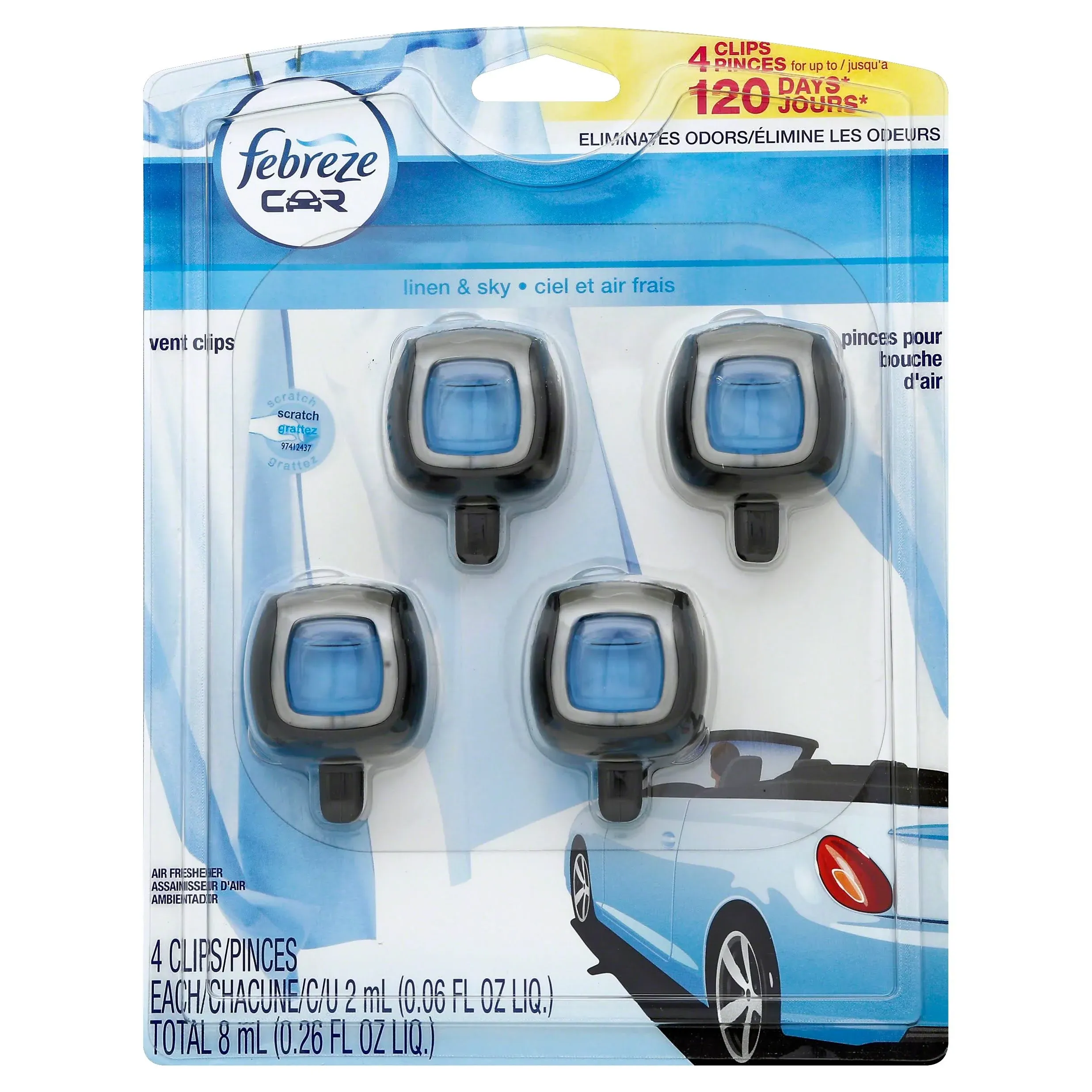 Febreze Car Air Freshener, Vent Clips, Linen & Sky - 4 pack, 0.06 fl oz liq